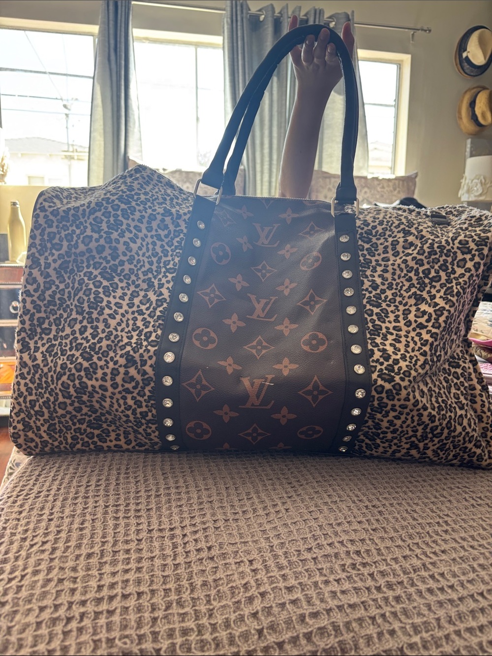 Upcycled XL  Leopard Print Travel Duffle - Brown/Tan.